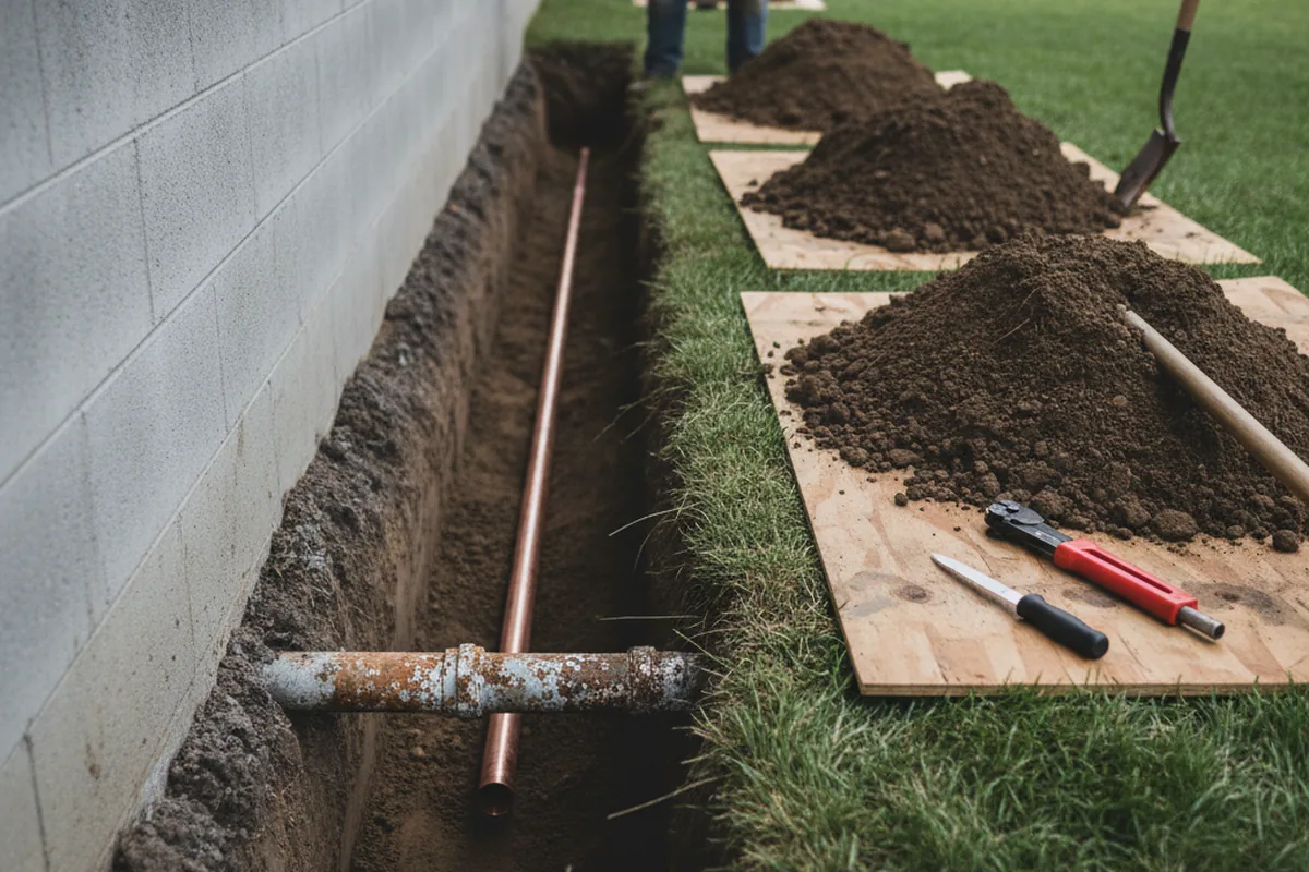 Excavated water line trench during Water Heater Repair in Lowpoint